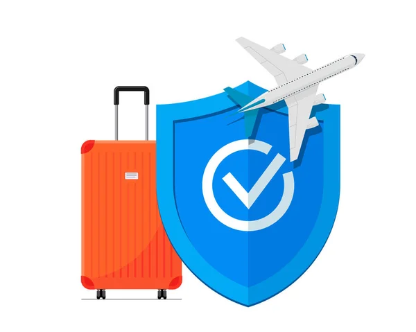 Travel insurance banner concept. Red traveling luggage suitcase and airplane trip protect by red shield with check mark. Plane flight safety symbol. Aircraft journey risk protection. Vector — Stock Vector