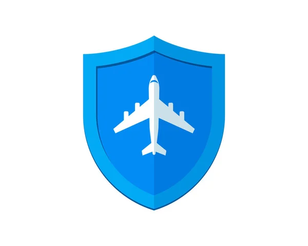 Aereo su scudo blu. Il concetto di assicurazione di viaggio. Concetto di badge aereo per un volo sicuro. Jet trip simbolo di protezione. Segnale vettore di viaggio aereo di sicurezza — Vettoriale Stock