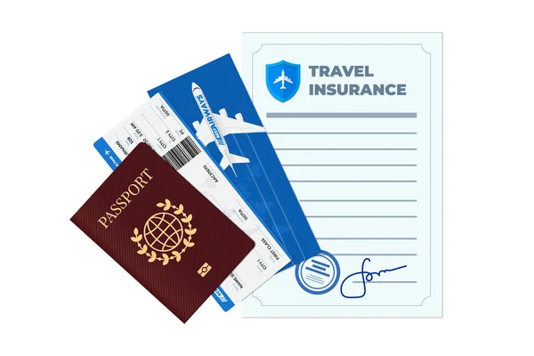 Travel insurance policy with passport, flight ticket and boarding pass for airplane. Safe plane trip and signed contract protection tourist life and property. Safety journey aircraft document. Eps — Stock Vector