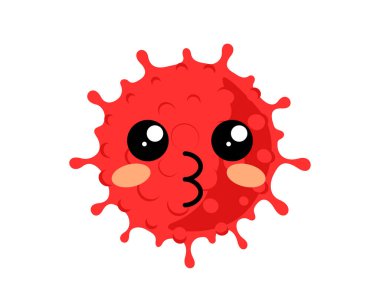 Coronavirus emoji kawaii yüzü. Komik şirin Corona virüs karakteri ikonu. Öpüşme enfeksiyonu maskotu dili gösteriyor. Vektör izole illüstrasyonu