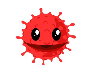 Coronavirus emoji kawaii yüzü. Komik şirin Corona virüsü sembolü. Gülümseyen enfeksiyon maskotu. Vektör izole illüstrasyonu