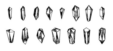 Kristal mineraller doğrusal el çizim simgesi seti. Çizgi çizimi, değerli taş koleksiyonu. Alternatif tıp ve tedavi için vektör izole karalama çizimi çizimi çizimi