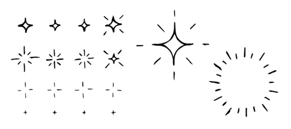 Rombo vettore disegnato a mano stelle lucenti e fuochi d'artificio. Doodle flare natale e nuovo anno elementi di design semplici. Serie di schizzi vettoriali — Vettoriale Stock