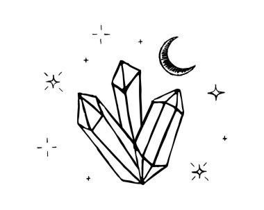 Kristal ve yıldızlı mistik ay. El çizimi astroloji sembolü. Mücevher taşı mineral alternatif tıp ve tedavi sembolü doğrusal çizim. Vektör illüstrasyonu