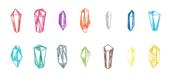 Crystal minerals linear colored hand drawn icon set. Colorful line sketch art gemstone collection. Vector isolated doodle drawing contour illustration for alternative medicine and treatment — Stockvektor