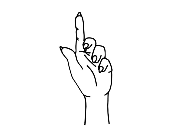 Mano dito femminile rivolta verso l'alto schizzo direzione. Illustrazione isolata del vettore di arte della linea Doodle — Vettoriale Stock
