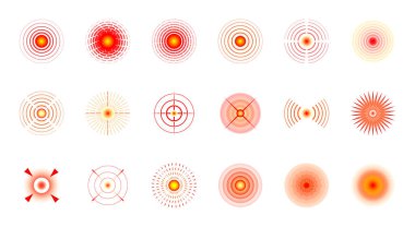 Acı yerelleştirme kırmızı daire işareti ayarlandı. Soyut tabela yerleştiriliyor. Yaralı nokta ya da yaralanmış vücut parçası. Ağrı kesici reklamlar ve tıbbi bilgi afişleri izole tasarım unsurları