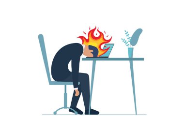 Businessman professional burnout syndrome. Exhausted sick tired male manager sitting with in fire head down on laptop. Sad boring man. Frustrated worker mental health problems. Long work eps