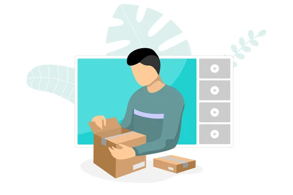 Product review live stream blog channel. Blogger man parcel unpacking content on online video player interface. Vlogger unboxing cardboard purchase web streaming. Male influencer broadcast. Vector — 图库矢量图片