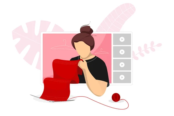 Knitting with needles tutorial live stream blog channel. Blogger woman knitted wool on online video player interface. Female knit up hobby and leisure time web streaming. Influencer vlogger vector — Image vectorielle