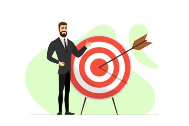 Successful contented businessman stand with target and arrow hit center. Man achieving his business or work goal concept. Vector eps illustration