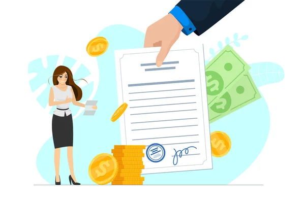 Satisfied businesswoman hold good financial notice. Positive decision and profitable money transaction conclusion. Joyful business woman with letter and money show thumbs up. Loan approval message — Stockvector