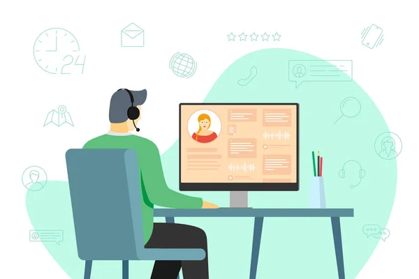 Call center operator man and hotline service icons. Male helpline worker with headphones. Online customer support department staff, telemarketing, consultation and assistance centre hot line — Stockvector