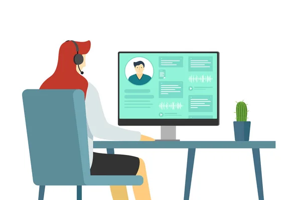 Call center operator woman and customer information on monitor screen. Female hotline employee. Online support service department staff, telemarketing, consultation and assistance centre hot line — Stockvektor