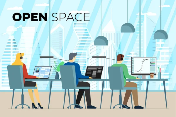 Coworking center open space office with freelance persons. Professional coworker workplace. Programmer, designer and manager with laptops in workspace. Shared remote working environment. Vector — Stock Vector