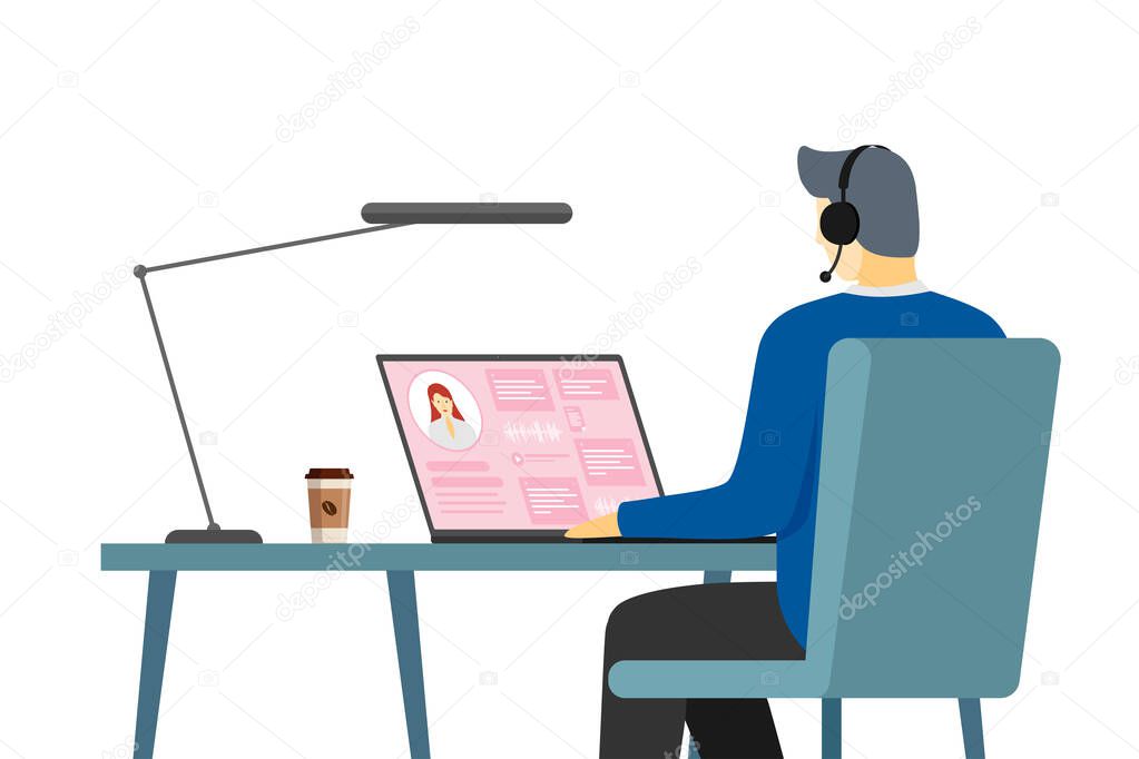 Call center operator man and customer information on laptop screen. Male hotline calling employee. Online support department staff, telemarketing, consultation and assistance centre hot line