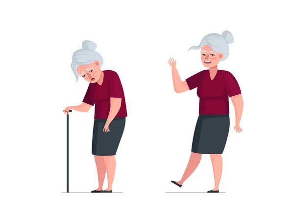 Elderly active joyful and unhealthy sick pensioner comparison. Healthy happy and sad tired old age concept. Weakness senior female with cane and aged woman dancing. Grandma eps illustration — Stockvektor
