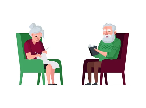 Elderly couple retired leisure time together. Senior aged pensioners sit in armchair. Grandfather read book, grandmother knit. Old people in nursing home. Gray hair man and woman. Eps illustration — Vetor de Stock