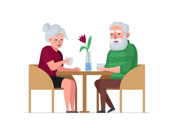 Elderly couple retired grandparents sitting in cafe and celebrating anniversary. Old people dating in coffee shop. Senior persons in restaurant. Grandmother and grandfather retired relationships — Vetor de Stock