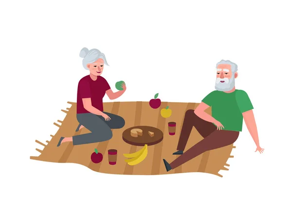 Elderly couple relaxing on picnic. Grandparents outdoor spending time together. Senior persons leisure vacation. Grandmother and grandfather in old age relationship. Pensioners vector illustration — стоковый вектор