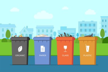Trash sorting containers in town park. Paper, glass, plastic and organic garbage colourful bins for recycling on city street. Rubbish dustbin set. Waste utilization and ecology save vector concept
