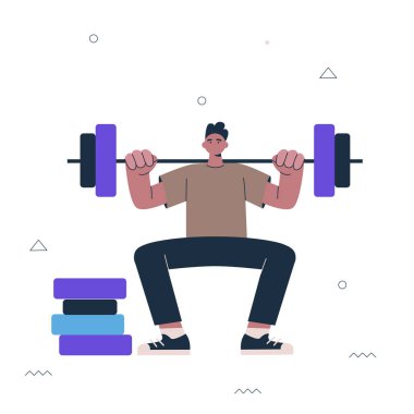 Hipster guy squat with barbell. Young man gym exercise. Male person lifting heavy bar. Healthy active lifestyle and sport creative concept. Vector illustration