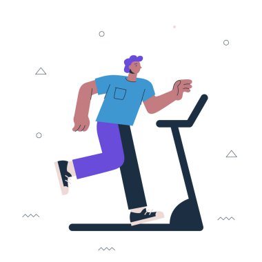 Hipster guy running on treadmill. Young man gym exercise. Male person cardio run. Healthy active lifestyle and sport creative concept. Vector illustration