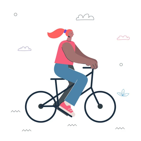 Hipster girl riding bike. Young woman cyclist exercise. Healthy active lifestyle and sport creative concept. Female person ride bicycle. Vector illustration — Stock Vector