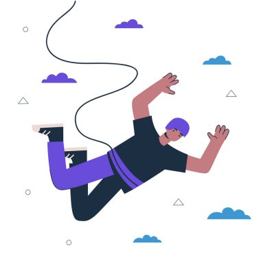Hipster guy bungee jumper. Young man jumping and flying. Healthy active lifestyle and extreme sport creative concept. Male person free fall with rope. Vector art illustration
