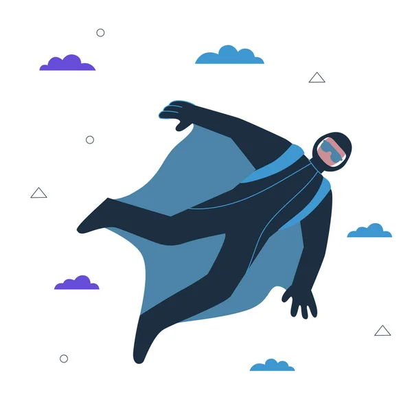 Hipster guy basejumper. Young man base jumping and wingsuit flying. Healthy active lifestyle and extreme wing suit parachuting sport creative concept. Male person skydiving vector art illustration — Vetor de Stock