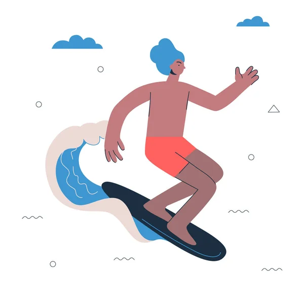 Hipster guy surfer. Young man surfing on wave. Healthy active lifestyle and extreme surf board sport creative concept. Male person on surfboard. Vector art illustration — стоковый вектор