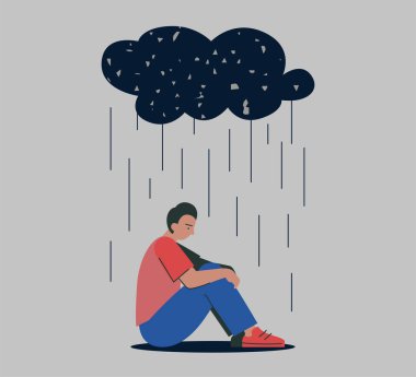 Mutsuz, bunalımda, stresli, negatif duygu sorunu olan, yağmur bulutları altında oturan üzgün bir adam. Yalnızlık çeken adam. Yalnız ezik erkek depresyonu. Hava bulutluyken yalnızlık ve kötü duygular. Eps