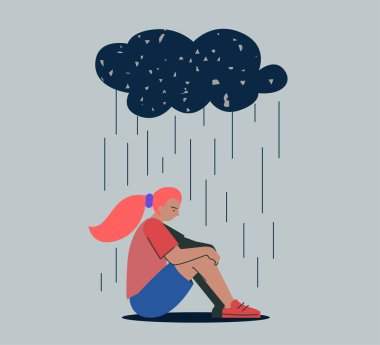 Mutsuz, üzgün, stresli, negatif duygu sorunu olan bir kız yağmur bulutu altında oturuyor. Yalnızlık kadını. Yalnız ezik kadın depresyonu. Hava bulutluyken yalnızlık ve kötü duygular.