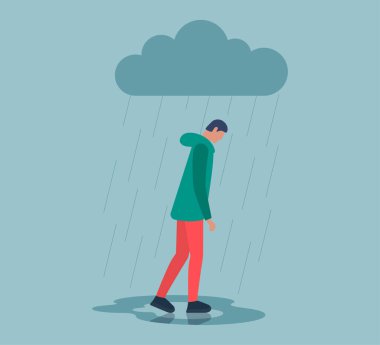 Mutsuz, bunalımda, stresli, negatif duygu sorunu olan, yağmur bulutları altında yürüyen üzgün bir adam. Yalnızlık çeken adam. Yalnız ezik erkek depresyonu. Hava bulutluyken yalnızlık ve kötü duygular. Eps
