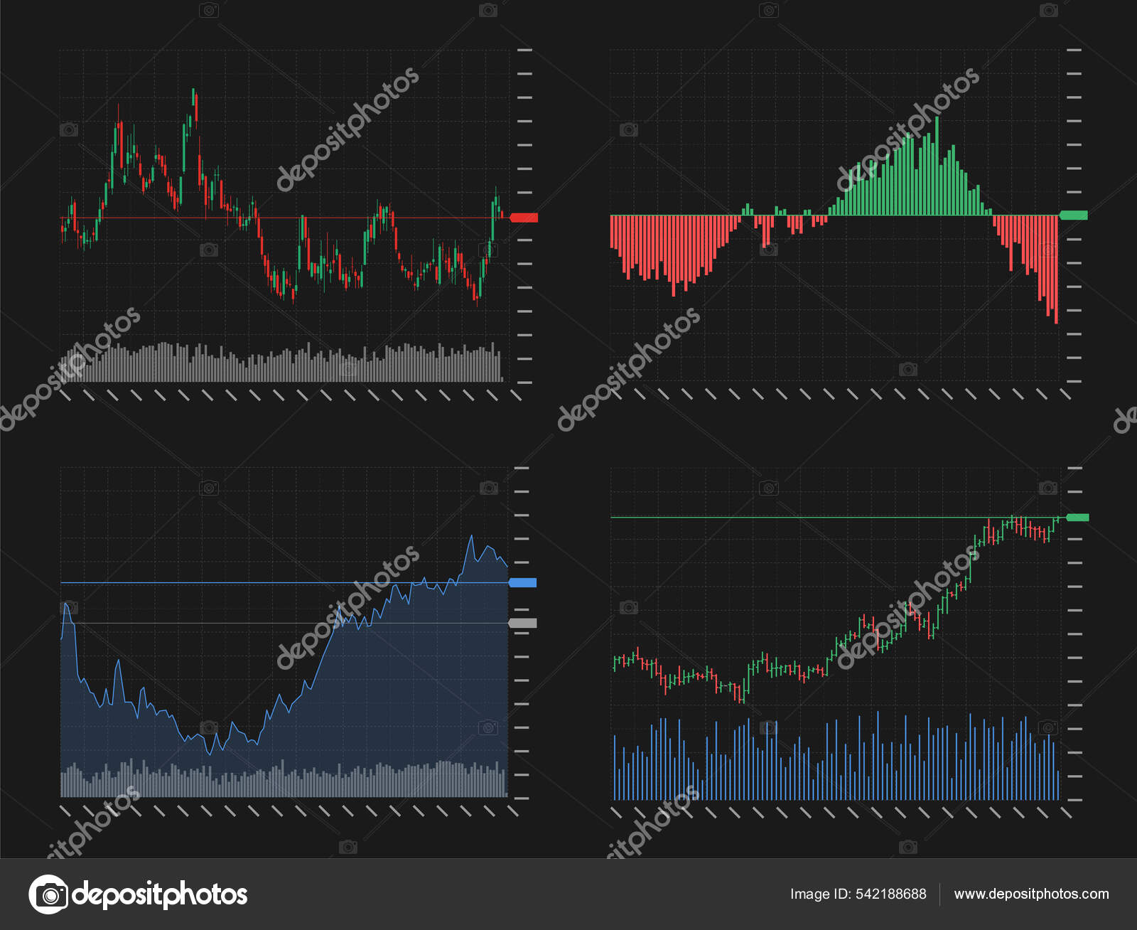 股票市场投资交易技术分析烛台、条形图、线图和地图集.商业蜡烛棒图上的交换趋势.交易商金融投资指数概念图库矢量图©azatvaleev 542188688