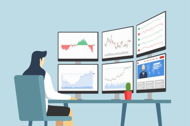 İş kadını borsa simsarı. Finansal grafikleri, şemaları ve grafikleri olan birçok bilgisayar ekranına bakıyor. İş endeksi analizi konsepti. Borsa simsarlığı illüstrasyonu