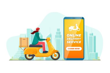 Güvenli bir ulaşım hizmeti uygulaması konsepti. Motosiklet kasklı, motosikletli bir kurye paket teslim ediyordu. Şehir haritası ve konum şifresi üzerinde mobil uygulama sipariş ediliyor. Eps