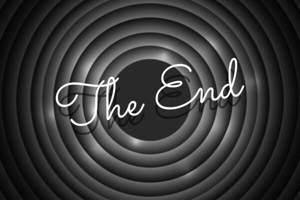 The End handwrite title on black and white round background. Old cinema movie circle ending screen. Vector noir promotion poster design template illustration