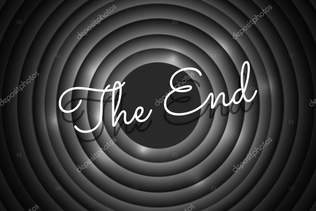 The End handwrite title on black and white round background. Old cinema movie circle ending screen. Vector noir promotion poster design template eps illustration