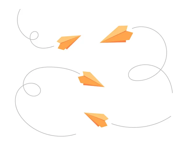 Planos de papel amarelo com símbolos de rota de linha pontilhada. Aviões voadores feitos à mão. Ilustração vetorial —  Vetores de Stock