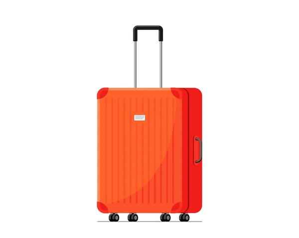 Maleta de plástico roja para viajar con ruedas y asa retráctil vista frontal. Bolsa de equipaje para vacaciones de verano viaje plana vector ilustración — Vector de stock