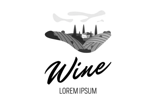 Üzüm bağı üzüm tepesi çiftlik logosu konsepti. Güneşli bir günde romantik kırsal alan, villa, üzüm bağları, çiftlik tepeleri, çiftlikler, çayırlar ve ağaçlar. Vektör siyah ve beyaz yaratıcı logot — Stok Vektör
