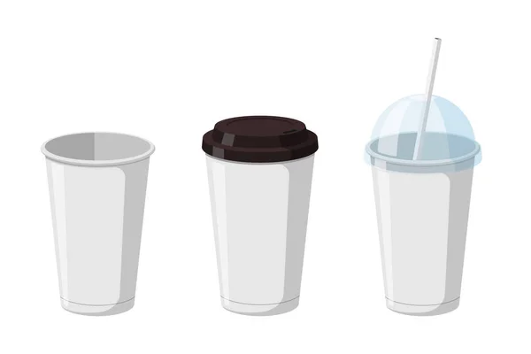 Plantillas de taza de bebidas de papel desechables para café, soda o cóctel con tapa hemisférica negra y transparente. 3d blanco grande cartón refrescos empaquetado colección eps ilustración — Vector de stock