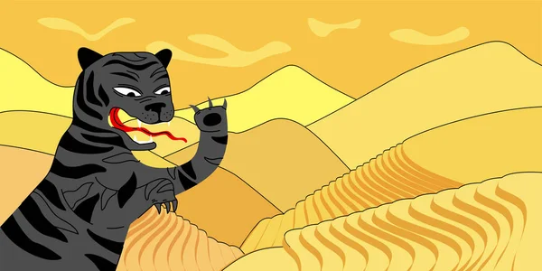 Nouvel an chinois de l'affiche du tigre d'eau noire. Carte de vœux avec symbole astrologique annuel traditionnel de la Chine. Bannière dessinée à la main au calendrier oriental 2022. Champs asiatiques folk abstrait eps dessin — Image vectorielle