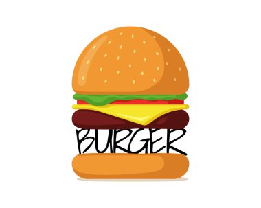 Hamburger fast food markası izole logosu. Kafe, restoran menüsü ya da reklam için hamburger logoti. Çizburger rozeti düz vektör çizimi