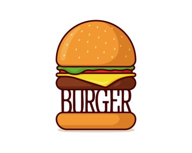 Burger fast food izole logosu. Domatesli hamburger logoti, fiyonk, yeşillik, sulu kızarmış sığır pirzolası, soslu peynirli ekmek dilimi. Çizburger rozeti düz vektör çizimi