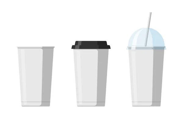 Plantillas de taza de bebidas de papel desechables para café, soda o cóctel con tapa hemisférica negra y transparente. Blanco en blanco gran cartón refrescos empaquetado colección vector ilustración — Vector de stock