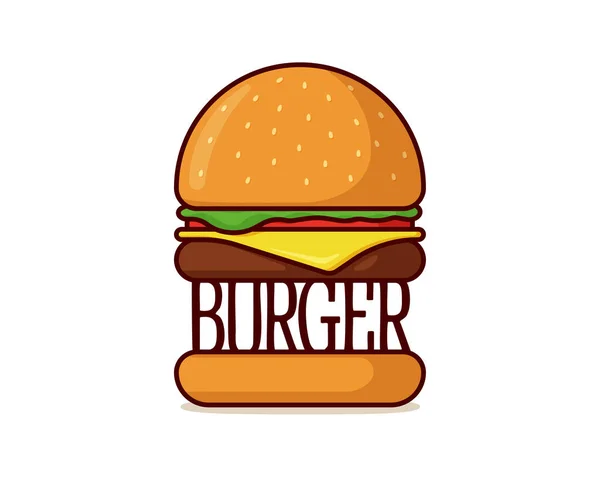 Burger fast food izolált logó. Hamburger logotípus paradicsommal, íjjal, zöldséggel, szaftos sült marhahússal, sajtos szelet pirított zsemlével szósszal. Sajtburger jelvény lapos vektor illusztráció — Stock Vector