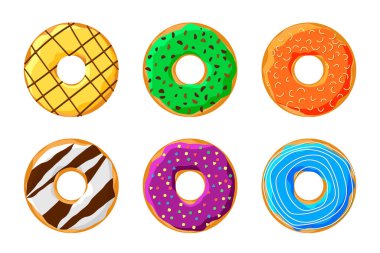 İştah açıcı rengarenk donut seti beyaz arka planda izole edilmiş. Pasta kafe dekorasyonu ya da menü tasarımı için jöleli donut koleksiyonu. Lezzetli bir pastane. Vektör düz resimleme