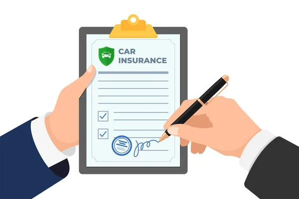 ビジネスマンは自動車保険に加入している。道路事故、故障または自動車事故が発生した場合の修理を保証するための契約。法律上の準備交通事故リスクベクトル図 — ストックベクタ